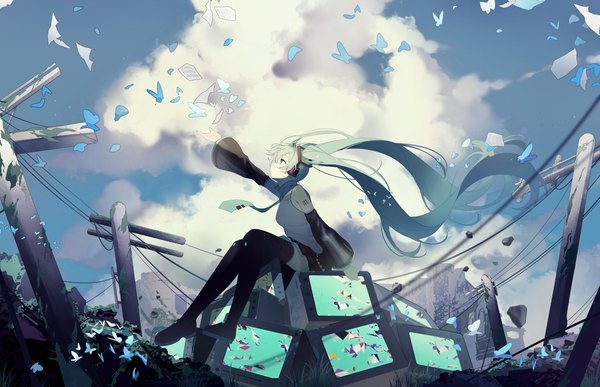 Anime picture 7600x4900 with vocaloid hatsune miku kanvien single highres sitting twintails absurdres sky cloud (clouds) outdoors very long hair profile arm up aqua eyes aqua hair looking up girl detached sleeves necktie