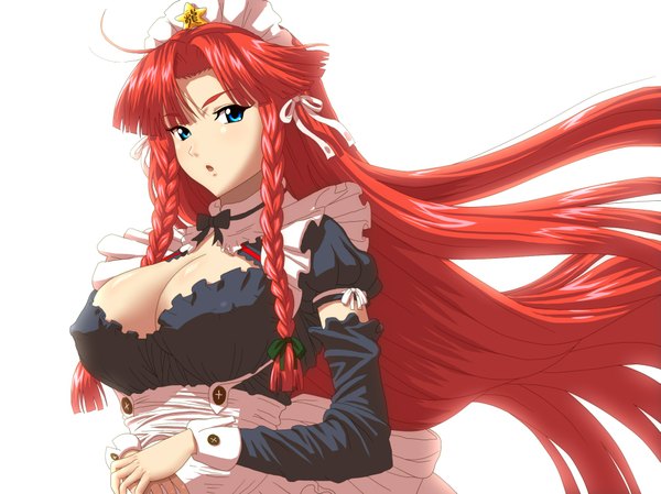 Anime picture 1841x1380 with touhou hong meiling kezune (i- -i) single long hair highres breasts open mouth blue eyes light erotic cleavage red hair braid (braids) alternate costume erect nipples huge breasts twin braids covered nipples backlighting girl