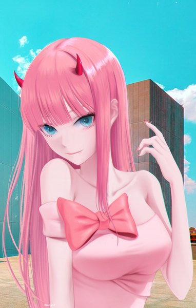 Anime picture 3180x5000 with darling in the franxx studio trigger zero two (darling in the franxx) lichiko single long hair tall image looking at viewer fringe highres blue eyes smile bare shoulders pink hair absurdres sky cloud (clouds) outdoors blunt bangs nail polish