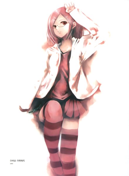 Anime picture 2200x3000 with original nanako (kei) kei (keigarou) single long hair tall image highres red eyes white background pink hair piercing girl thighhighs skirt hair ornament glasses hairclip striped thighhighs
