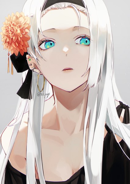 Anime picture 1254x1771 with original yagi (shiro yagi) single long hair tall image fringe open mouth blue eyes simple background signed looking away upper body white hair hair flower off shoulder grey background sparkle twitter username piercing portrait
