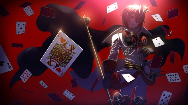 Anime picture 5000x2812 with twisted wonderland riddle rosehearts shibao aoyama single looking at viewer fringe highres short hair hair between eyes wide image standing absurdres red hair sparkle grey eyes red background boy gloves black gloves cape