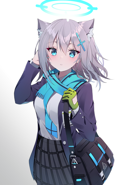 Anime picture 1234x1801 with blue archive shiroko (blue archive) gin (gin937) single tall image looking at viewer fringe short hair blue eyes simple background hair between eyes white background animal ears silver hair extra ears girl skirt gloves uniform hair ornament