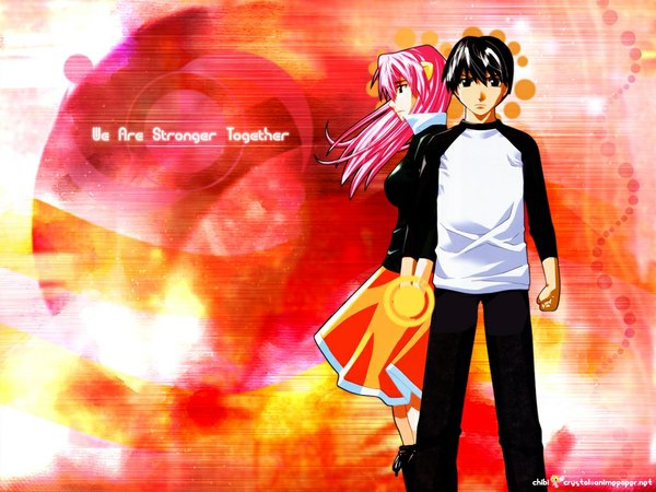 Anime picture 1024x768 with elfen lied arms corporation lucy kota (elfen lied) kouta. long hair looking at viewer short hair black hair pink hair profile horn (horns) black eyes inscription holding hands girl boy skirt boots