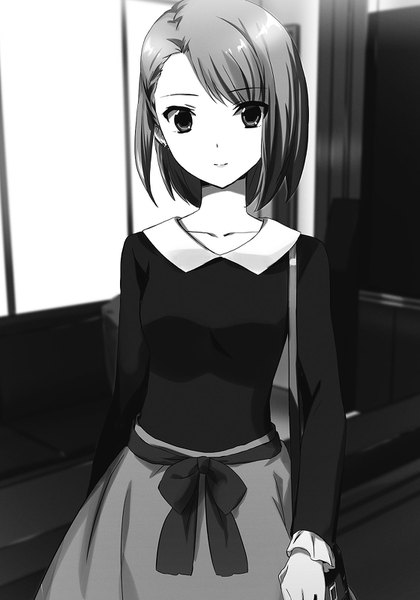 Anime picture 1120x1600 with mahouka koukou no rettousei tsukuba yuuka ishida kana single tall image looking at viewer fringe short hair breasts hair between eyes standing upper body indoors light smile official art depth of field monochrome arm behind back novel illustration girl