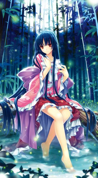 Anime picture 661x1200 with touhou houraisan kaguya riv single long hair tall image looking at viewer red eyes sitting blue hair barefoot night bare legs bamboo forest girl dress plant (plants) tree (trees) moon forest