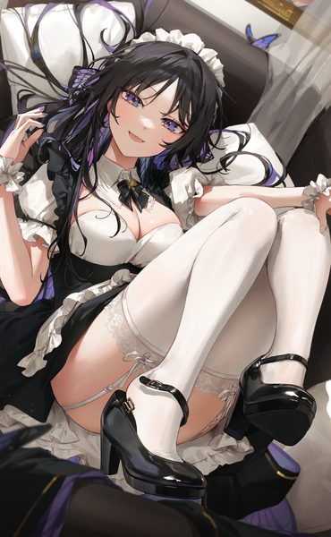 Anime picture 3000x4871 with original kellymonica02 single long hair tall image looking at viewer blush fringe highres breasts open mouth light erotic black hair smile purple eyes cleavage bent knee (knees) indoors lying nail polish