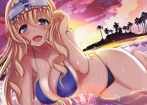 Anime picture 2793x2000 with infinite stratos 8bit cecilia orcott tagme (artist) single long hair looking at viewer blush highres breasts open mouth blue eyes light erotic blonde hair large breasts scan drill hair evening sunset girl