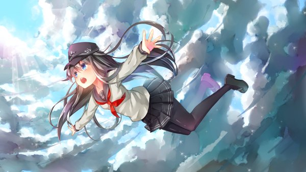 Anime picture 3200x1800 with kantai collection akatsuki destroyer nonomaro single long hair blush highres open mouth blue eyes black hair wide image looking away sky cloud (clouds) pleated skirt spread arms midair girl skirt miniskirt