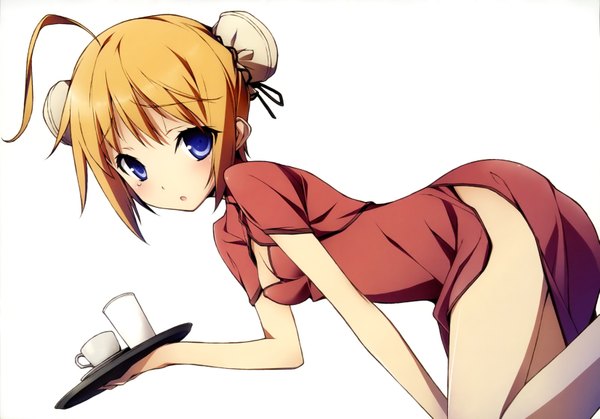 Anime picture 3297x2307 with mayo chiki! feel (studio) konoe subaru kikuchi seiji single highres short hair blue eyes light erotic simple background blonde hair white background absurdres hair bun (hair buns) chinese clothes girl chinese dress tray bun cover