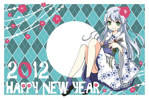 Anime picture 1500x1000 with to aru majutsu no index j.c. staff index imu714 single long hair looking at viewer smile green eyes white hair traditional clothes japanese clothes loli border new year rhombus happy new year 2012 girl kimono