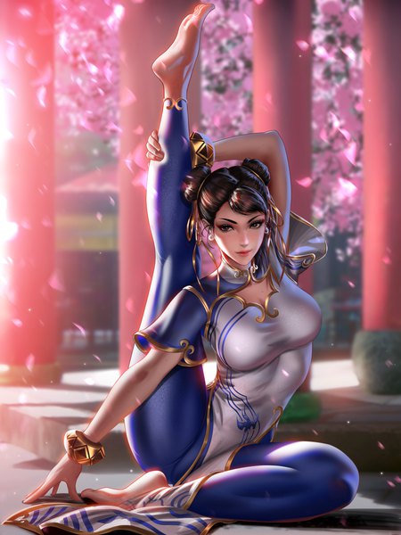 Anime picture 3000x4000 with street fighter street fighter 6 capcom chun-li liang xing single tall image looking at viewer fringe highres short hair light erotic brown hair sitting brown eyes full body traditional clothes barefoot arm up realistic