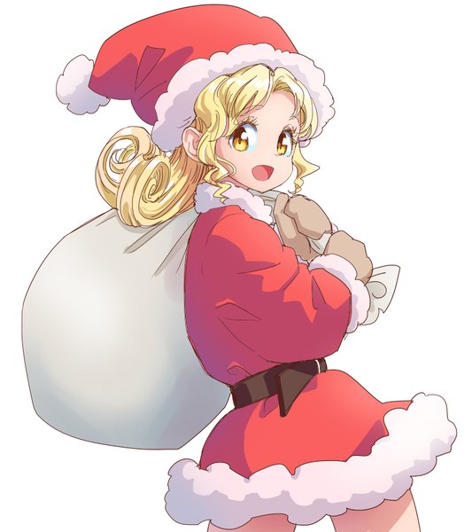 Anime picture 800x900 with touhou touhou (pc-98) elly (touhou) s-a-murai single long hair tall image looking at viewer open mouth simple background blonde hair white background holding yellow eyes payot :d alternate costume fur trim christmas girl