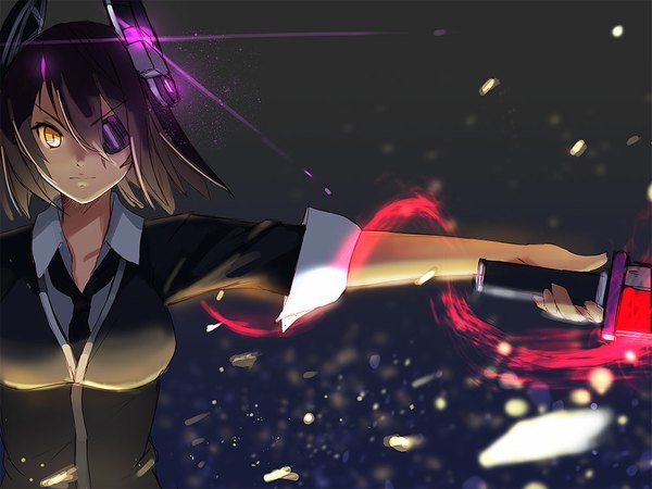 Anime picture 1000x750 with kantai collection tenryuu light cruiser nuclear warhead (anti) single looking at viewer short hair black hair holding yellow eyes outstretched arm girl gloves hair ornament weapon shirt sword black gloves necktie jacket fingerless gloves
