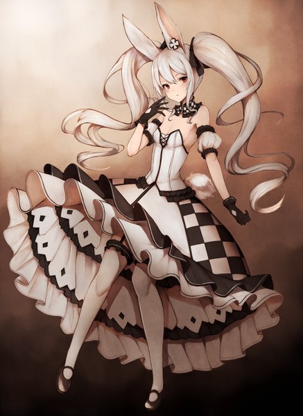 Anime picture 1200x1644 with original snm (sunimi) single long hair tall image looking at viewer fringe red eyes twintails bare shoulders animal ears full body white hair tail animal tail bunny ears puffy sleeves gradient background flat chest bunny girl
