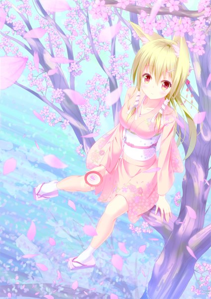 Anime picture 2507x3541 with original raivu single long hair tall image looking at viewer highres blonde hair japanese clothes pink eyes fox ears cherry blossoms girl petals kimono