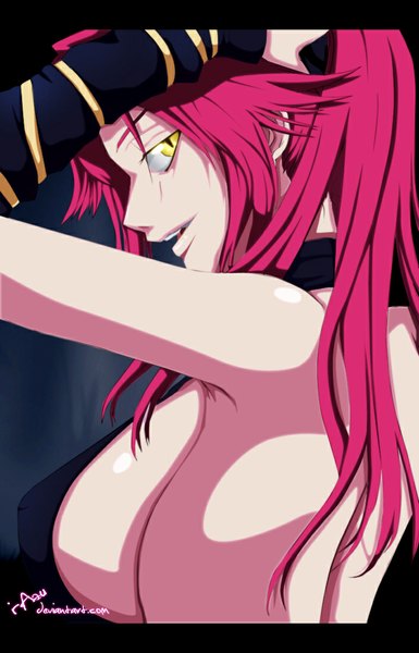 Anime picture 706x1100 with bleach studio pierrot shihouin yoruichi i-azu single long hair tall image breasts open mouth light erotic large breasts yellow eyes pink hair ponytail profile looking back coloring adjusting hair letterboxed girl