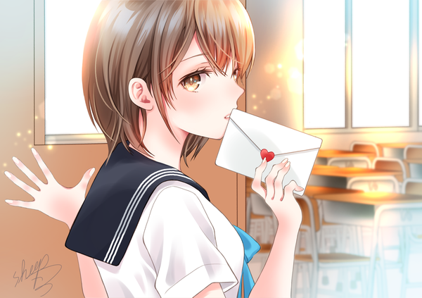 Anime picture 1400x988 with original sheepd single short hair brown hair brown eyes signed upper body indoors profile girl uniform serafuku school love letter