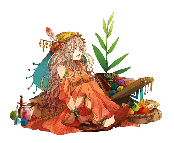 Anime picture 1000x821 with original anzu (astro75) single long hair looking at viewer fringe open mouth simple background blonde hair red eyes white background sitting bare shoulders wavy hair girl plant (plants) earrings bracelet headdress jewelry