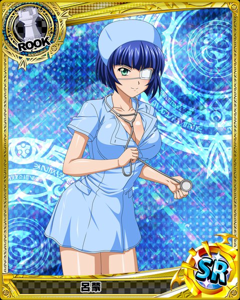 Anime picture 640x800 with ikkitousen ryomou shimei single tall image looking at viewer short hair blue eyes blue hair card (medium) nurse girl uniform eyepatch nurse cap stethoscope