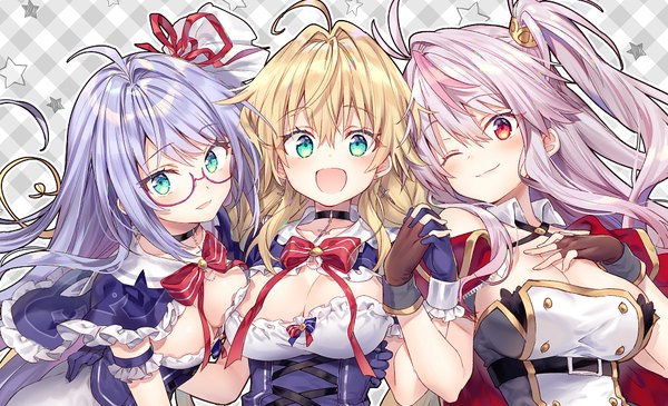 Anime picture 901x549 with azur lane le temeraire (azur lane) l'opiniatre (azur lane) grenville (azur lane) riichu long hair blush fringe breasts open mouth light erotic blonde hair smile hair between eyes red eyes wide image large breasts multiple girls green eyes blue hair