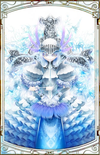 Anime picture 1000x1538 with original pixiv fantasia rinko (mg54) single long hair tall image yellow eyes blue hair girl dress weapon sword frills armor helmet