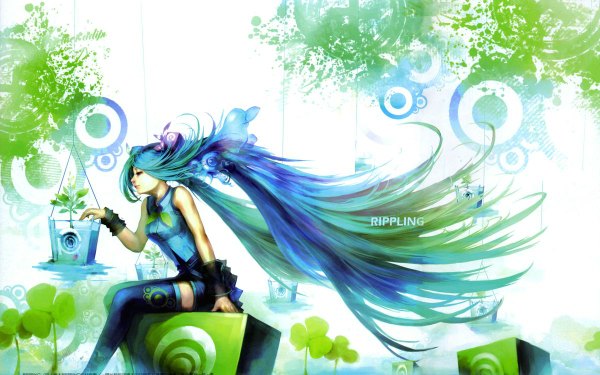 Anime picture 1200x750 with vocaloid hatsune miku single long hair wide image sitting bare shoulders eyes closed profile aqua hair girl thighhighs hair ornament plant (plants) detached sleeves