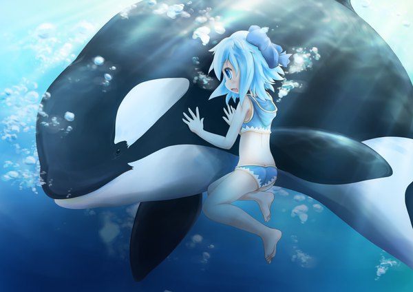 Anime picture 2000x1414 with touhou cirno manahui single blush highres short hair open mouth blue eyes light erotic blue hair profile barefoot fang (fangs) soles underwater swimming girl bow swimsuit