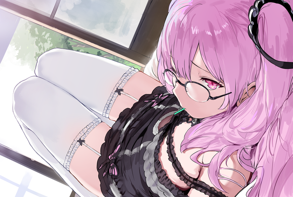 Anime picture 6127x4135 with virtual youtuber hololive uruha rushia uruha rushia (3rd costume) hews single long hair looking at viewer fringe highres light erotic holding pink hair absurdres bent knee (knees) indoors lying profile pink eyes looking back