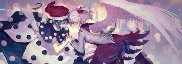 Anime picture 2455x868 with touhou kishin sagume doremy sweet ainy highres short hair wide image multiple girls blue hair silver hair holding hands half updo single wing girl 2 girls hat wings pom pom (clothes)