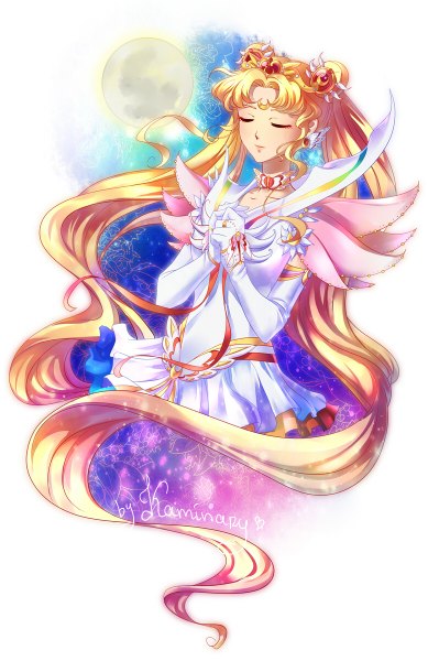 Anime picture 778x1200 with bishoujo senshi sailor moon toei animation tsukino usagi sailor moon kaminary single tall image blonde hair twintails signed eyes closed very long hair praying girl gloves earrings choker elbow gloves white gloves moon