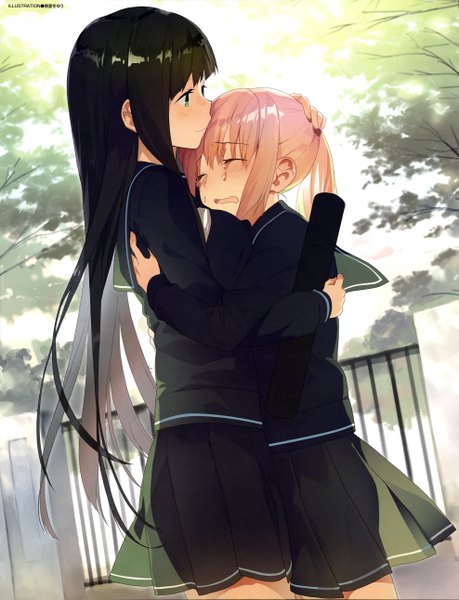 Anime picture 3948x5164 with original akinashi yuu long hair tall image blush fringe highres open mouth black hair smile multiple girls green eyes signed payot looking away pink hair absurdres outdoors ponytail profile