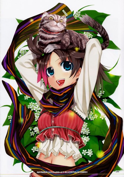 Anime picture 1405x2000 with original mikazuki akira single tall image short hair open mouth blue eyes simple background brown hair white background scan girl navel flower (flowers) animal scarf cat