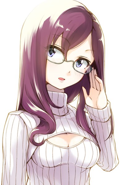 Anime picture 525x808 with idolmaster idolmaster cinderella girls yagami makino tamaki fuyu single long hair tall image looking at viewer blush fringe breasts open mouth blue eyes simple background white background purple hair adjusting glasses girl glasses sweater dress