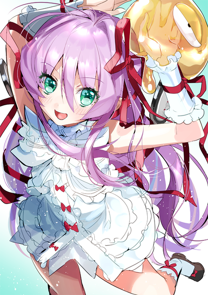 Anime picture 600x849 with demonbane al azif yanyo (ogino atsuki) single long hair tall image looking at viewer blush fringe open mouth hair between eyes purple hair bent knee (knees) :d aqua eyes from above arms up sleeveless girl dress