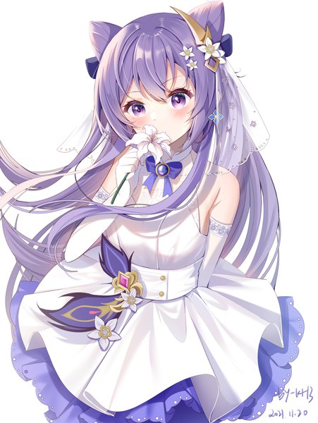Anime picture 2000x2662 with genshin impact keqing (genshin impact) miaogujun single long hair tall image looking at viewer blush fringe highres simple background hair between eyes standing white background purple eyes twintails bare shoulders holding signed payot