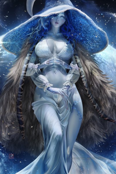 Anime picture 2467x3700 with elden ring ranni the witch sakimichan single long hair tall image looking at viewer fringe highres breasts blue eyes light erotic large breasts standing blue hair cleavage long sleeves hair over one eye realistic watermark