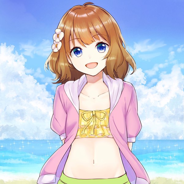 Anime picture 2048x2048 with idolmaster idolmaster million live! idolmaster million live! theater days suou momoko mizuiro 32 single looking at viewer highres short hair open mouth blue eyes brown hair sky cloud (clouds) upper body :d hair flower sparkle beach groin