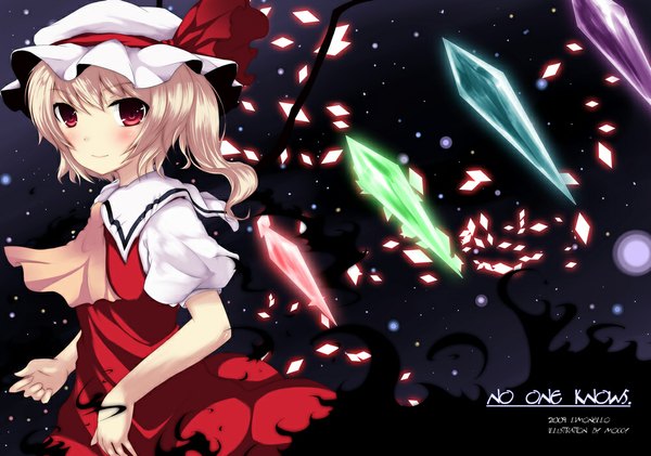 Anime picture 1000x702 with touhou flandre scarlet moccy (artist) single looking at viewer blush short hair blonde hair red eyes girl dress wings bonnet crystal