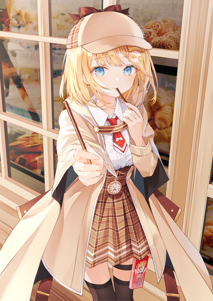 Anime picture 1000x1414 with virtual youtuber hololive hololive english watson amelia nabi (uz02) single tall image looking at viewer blush fringe short hair blue eyes blonde hair outdoors plaid skirt reflection outstretched hand plaid brand name imitation pocky day