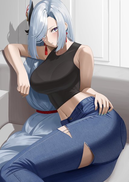 Anime picture 3178x4465 with genshin impact shenhe (genshin impact) re-leaf single tall image looking at viewer blush fringe highres breasts blue eyes large breasts sitting absurdres silver hair bent knee (knees) ass indoors braid (braids) very long hair