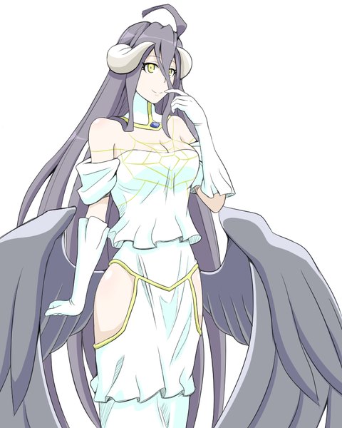 Anime picture 800x1000 with overlord (maruyama) madhouse albedo (overlord) quatre aaaa single tall image fringe breasts light erotic black hair simple background hair between eyes large breasts standing white background bare shoulders yellow eyes looking away cleavage ahoge