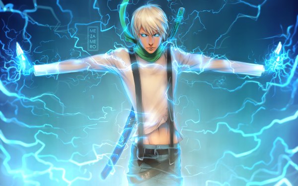 Anime picture 2400x1504 with original mezamero single looking at viewer highres short hair wide image white hair lightning boy navel weapon sword scarf katana jeans