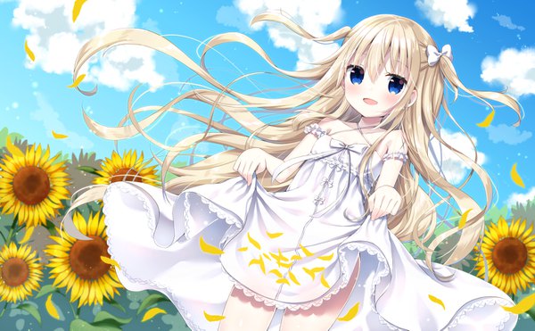 Anime picture 1450x897 with original uchuuneko single long hair looking at viewer blush fringe open mouth blue eyes light erotic blonde hair smile hair between eyes wide image standing bare shoulders sky cloud (clouds) outdoors :d