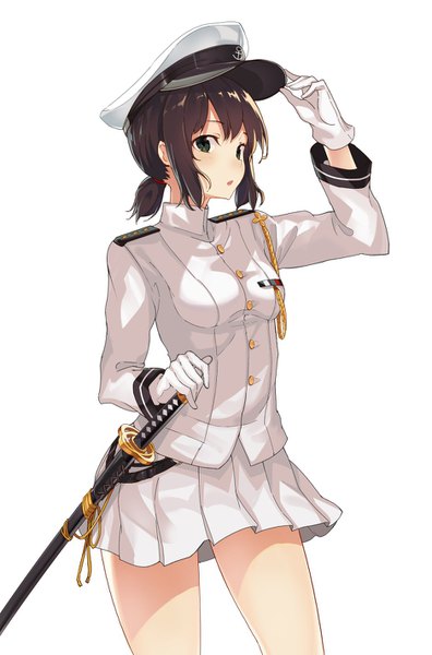 Anime-Bild 940x1422 mit kantai collection admiral (kantai collection) fubuki destroyer female admiral (kantai collection) cjl6y5r single tall image blush fringe short hair breasts open mouth simple background brown hair white background holding green eyes long sleeves pleated skirt arm up
