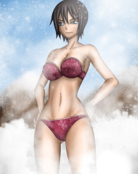 Anime picture 1179x1488 with fairy tail ur gray fullbuster (artist) single tall image short hair blue eyes black hair sky light smile coloring snowing girl swimsuit bikini