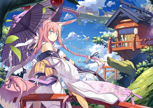 Anime picture 1407x1000 with original shiratama kitsune momoyama tsutsune poco (asahi age) long hair bare shoulders green eyes animal ears pink hair sky cloud (clouds) braid (braids) japanese clothes animal tail girl hair ornament plant (plants) tree (trees) belt umbrella