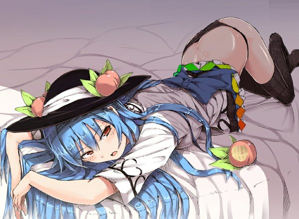 Anime picture 1000x732 with touhou hinanawi tenshi neropaso single long hair blush light erotic red eyes blue hair looking away ass lying on stomach top-down bottom-up girl thighhighs underwear panties bow black thighhighs