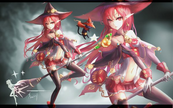 Anime picture 1300x815 with dungeon and fighter wangchuan de quanyan single long hair looking at viewer fringe red eyes holding bent knee (knees) red hair pointy ears zettai ryouiki witch girl thighhighs skirt gloves navel black thighhighs hat