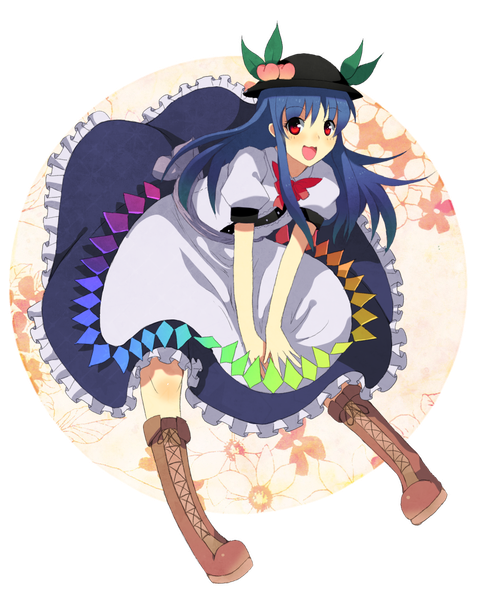 Anime picture 986x1238 with touhou hinanawi tenshi garigarigari daigorou single long hair tall image looking at viewer open mouth red eyes blue hair full body :d leaning leaning forward puffy sleeves coloring girl hat knee boots